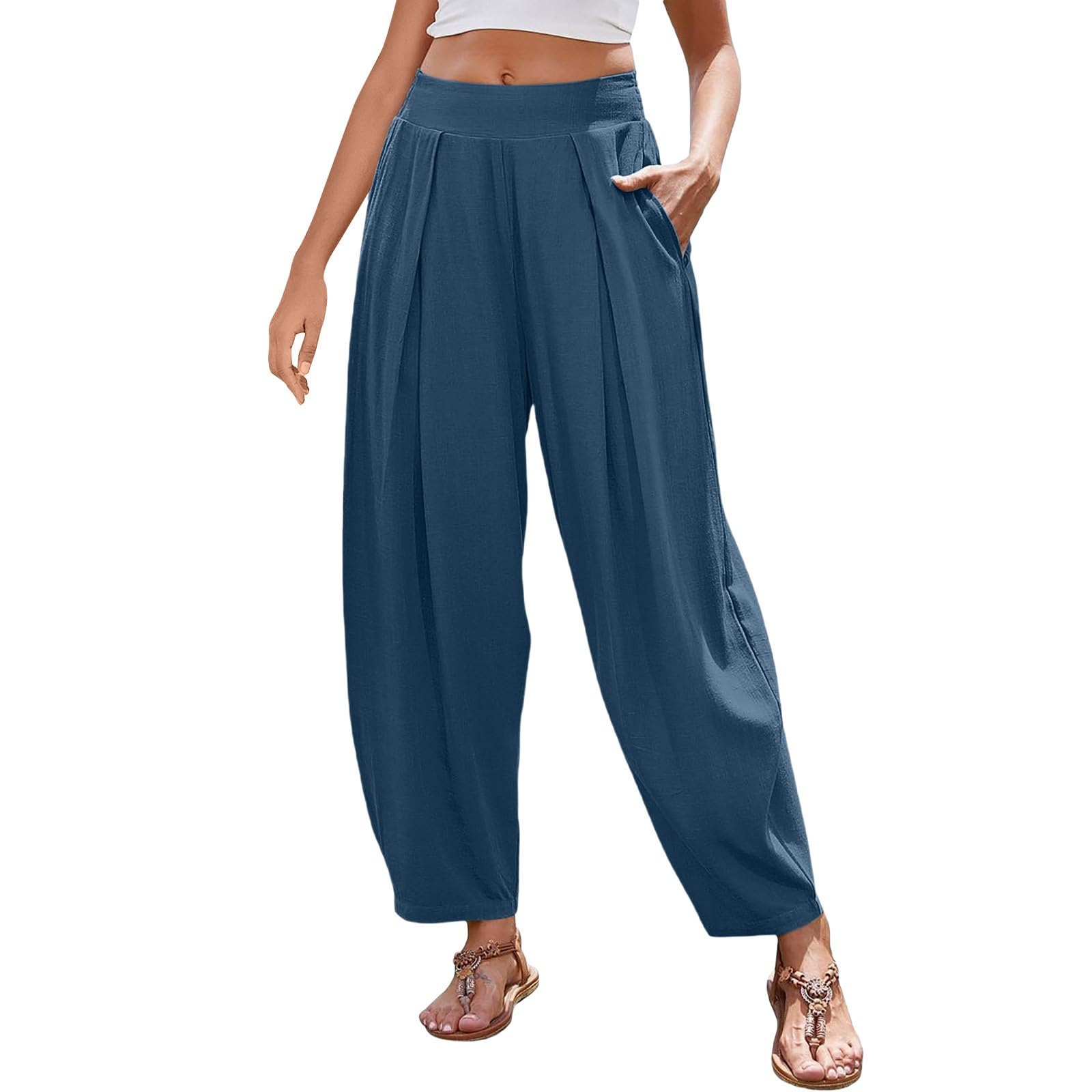 Womens Cropped Linen Pants Trendy 2026 High Waisted Wide Leg Pleated Boho Pant Casual Summer Crop Lounge Trousers