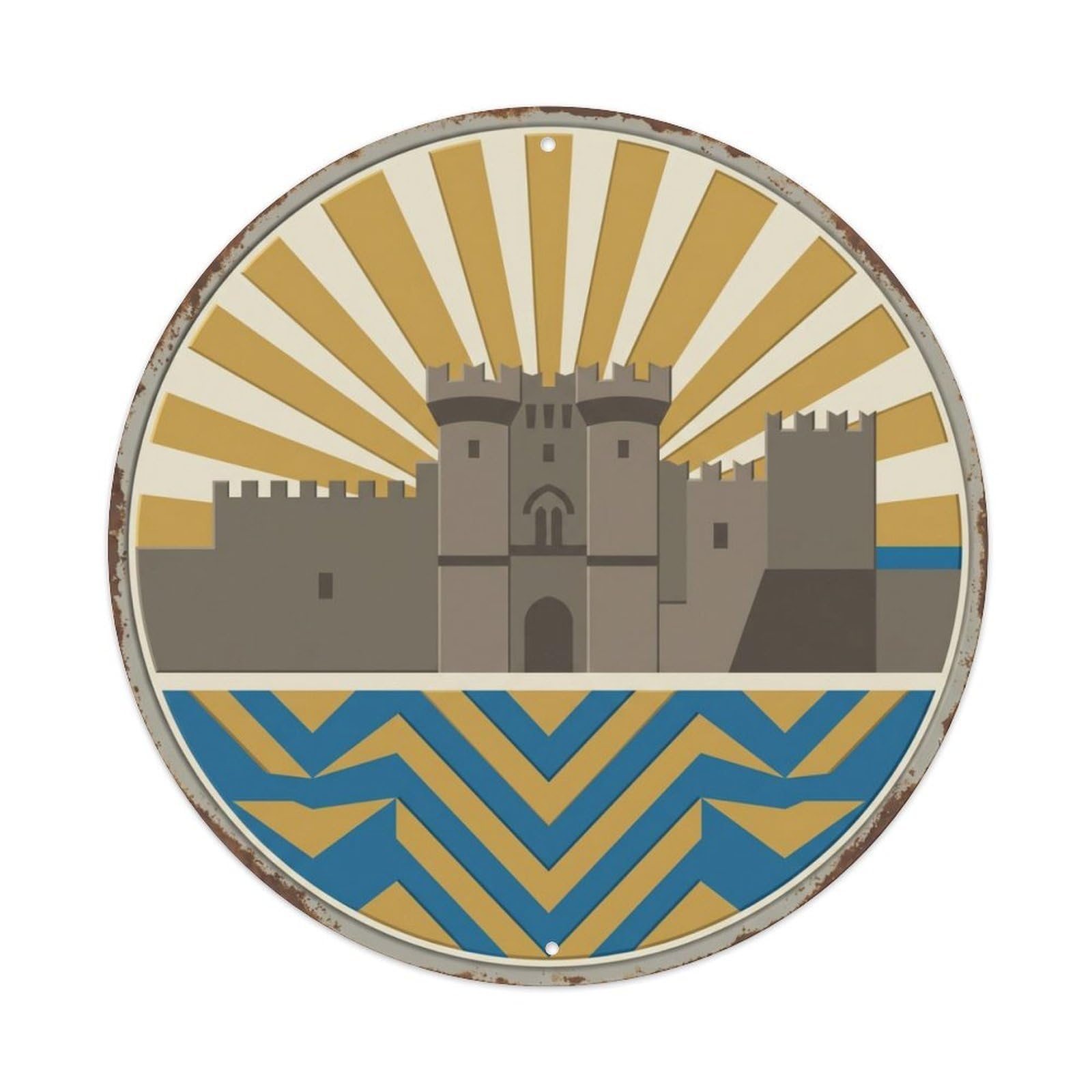 Rhodes Radiant Fortress Travel Metal Tin Sign Plaque Wall Decor for Cafe, Club Bar, Office, Home Garden Round Metal Poster 8x8Inch