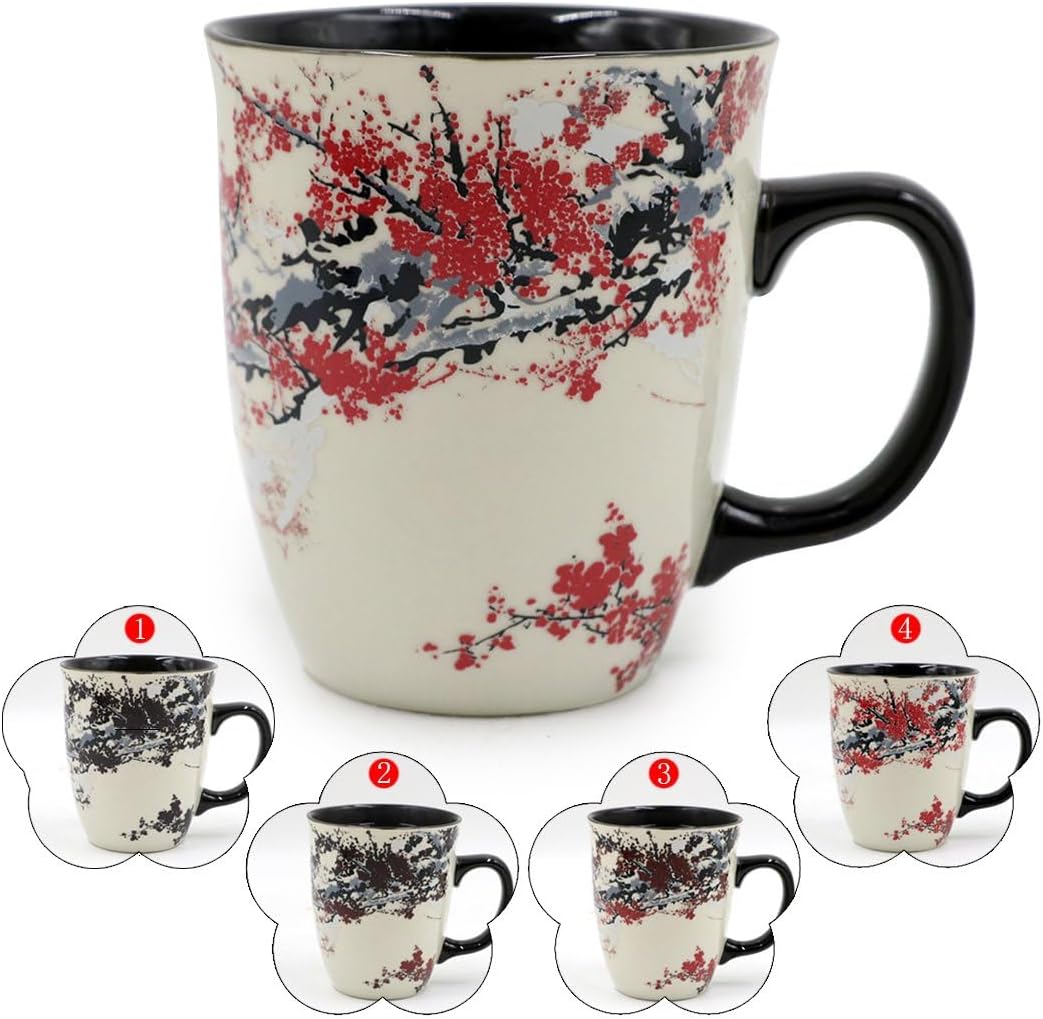 Color Changing Heat Sensitive Magic Funny Art Mug Large Coffee Tea Plum Blossom Porcelain Mugs for Women Mom grandma Gifts 16oz Black Change Glow Red Cups