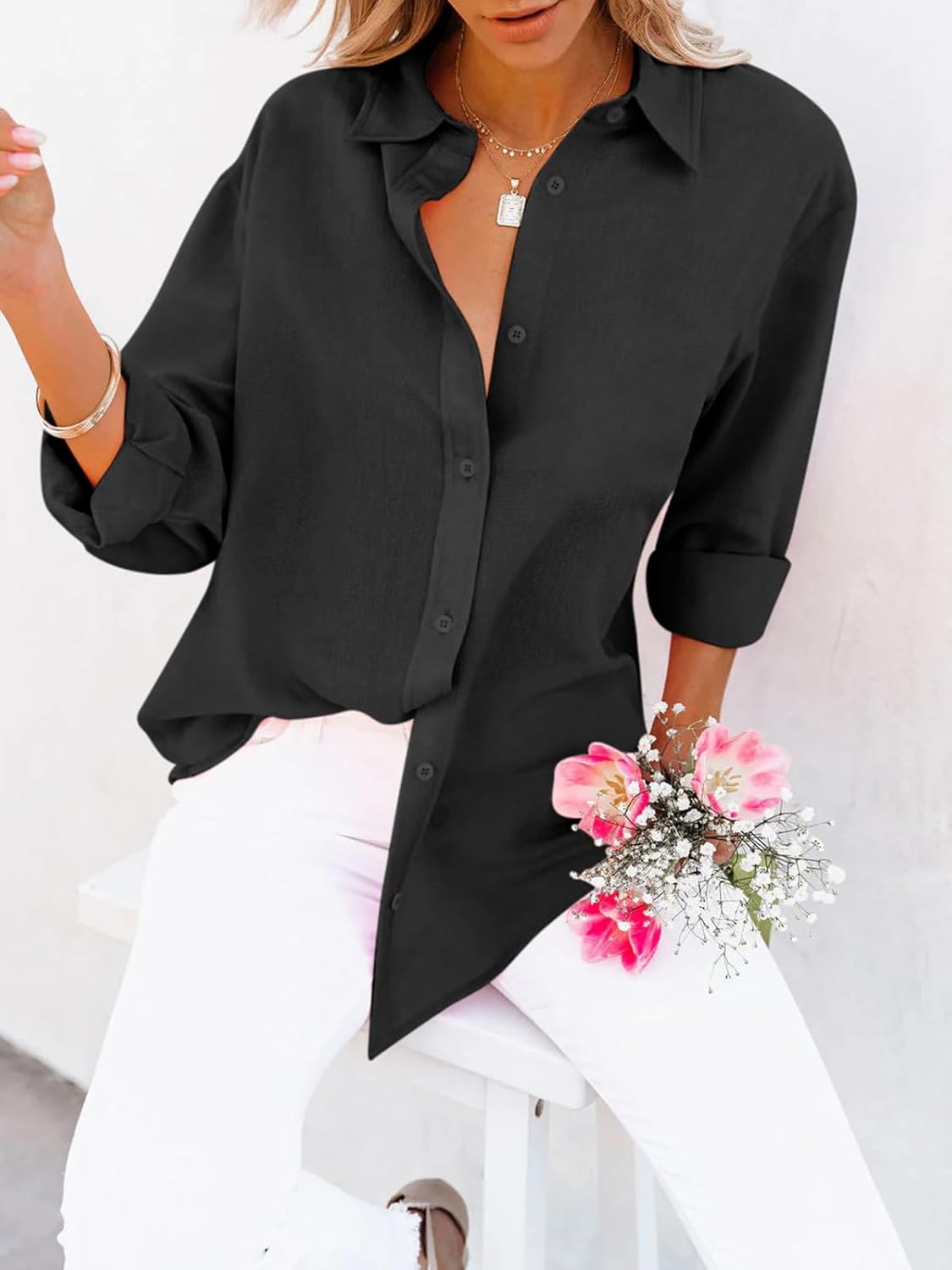 siliteelon Button Down Shirts for Women Dress Shirts Cotton Long Sleeve Collared Blouse Work Business Casual Tops - Image 2