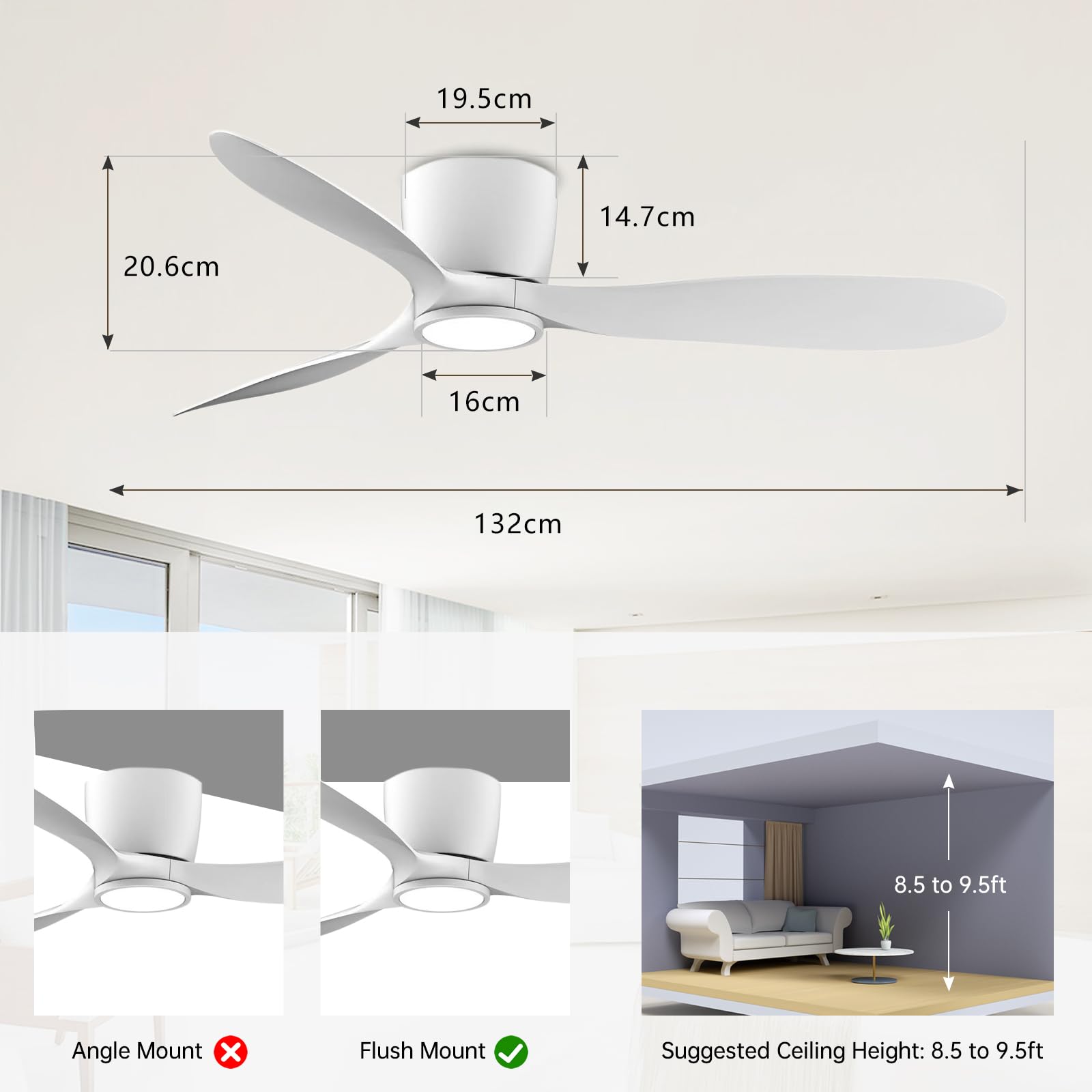 Ovlaim Ventilatore a Soffitto Sovrapposizione 132cm Bianco Moderno - Con Luce e Telecomando - Motore CC Silenzioso 3 Pale - Alta Portata d'Aria per Camera da Letto e Soggiorno