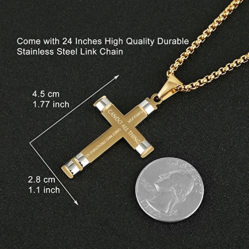Image of HZMAN Philippians 4:13 Cross Pendant STRENGTH Bible Verse Stainless Steel Necklace 3 Colors Available
