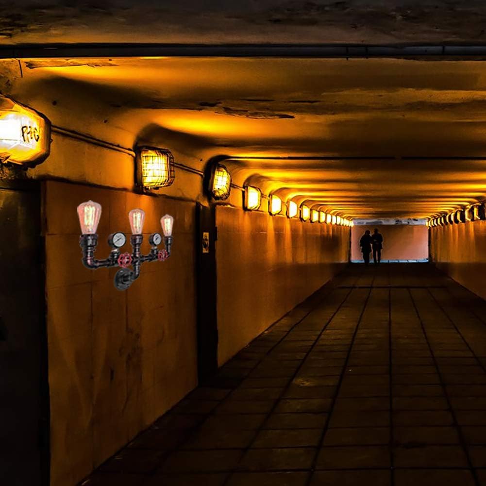 MQ Water Pipe Wall Lamp Steampunk, 3 Lights Wall Sconces Vintage Rustic Wall Light Fixtures Wall Mount E26 Socket for Bathroom Hallway Basement Copper Color