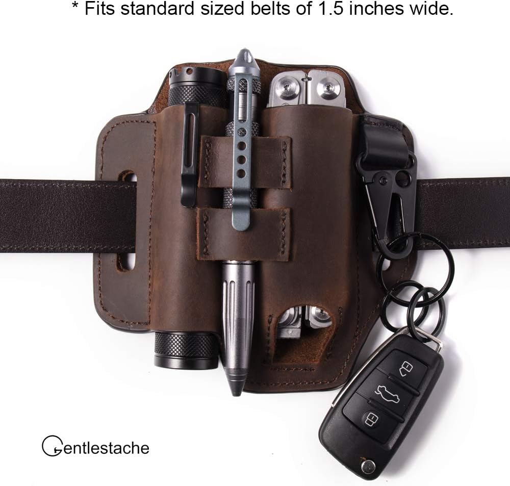 Gentlestache Multitool Belt Sheath, EDC Leather Belt Organizer, Belt Holder with Multitool Pouch, Flashlight Holder, Pen Holder and Keychain Clip, Practical EDC Belt Pouch for Men - Image 3
