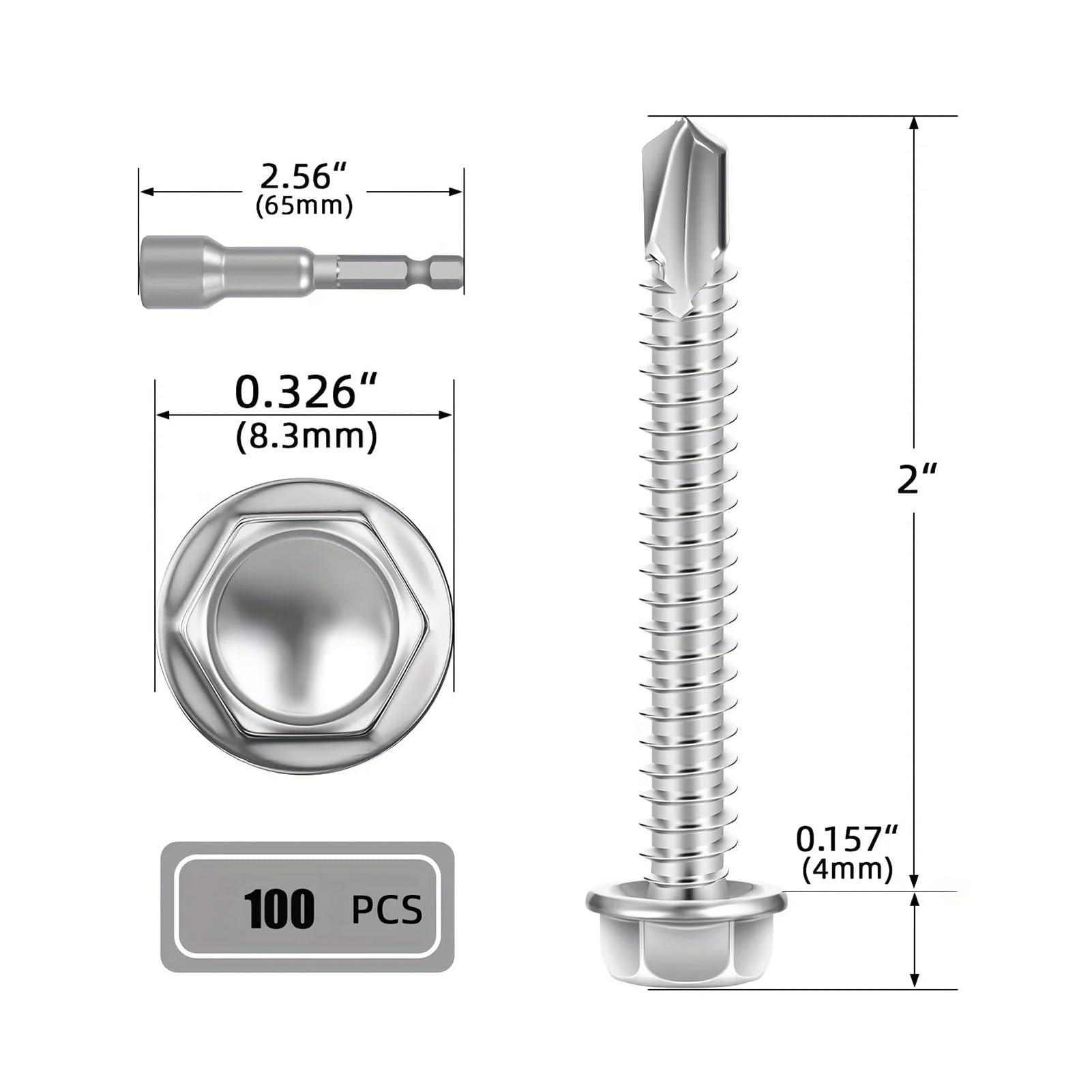 100 tornillos autorroscantes TEK n.° 8, cabeza hexagonal con arandela de acero inoxidable 410, tamaños surtidos for metal y muebles, acabado pulido(8x2)