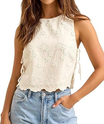 Women Boxy Crop Tops Sleeveless Side Tie Eyelet Embroidery Tank Top