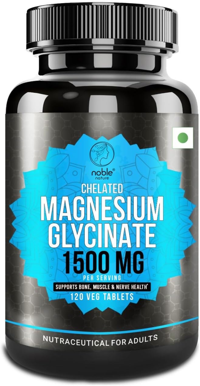 Noble Nature Magnesium Glycinate Chelated 1500MG - High Absorption Supplement to Support Nerves and Muscles Health - 120 Veg Tablets