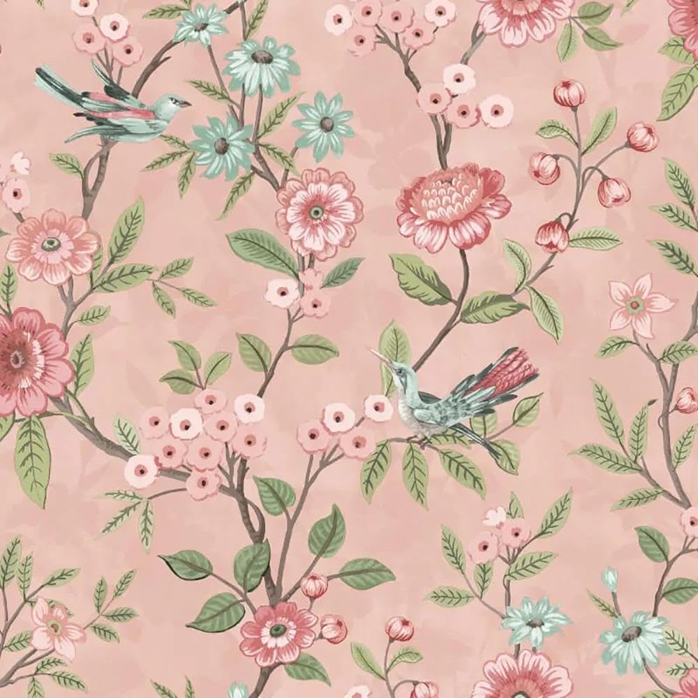 Yöl Pink Eleanor Floral Birds Blush Wallpaper - Flowers Botanical Naturistic Trail Leaves - Classic Stylish Feature Wall