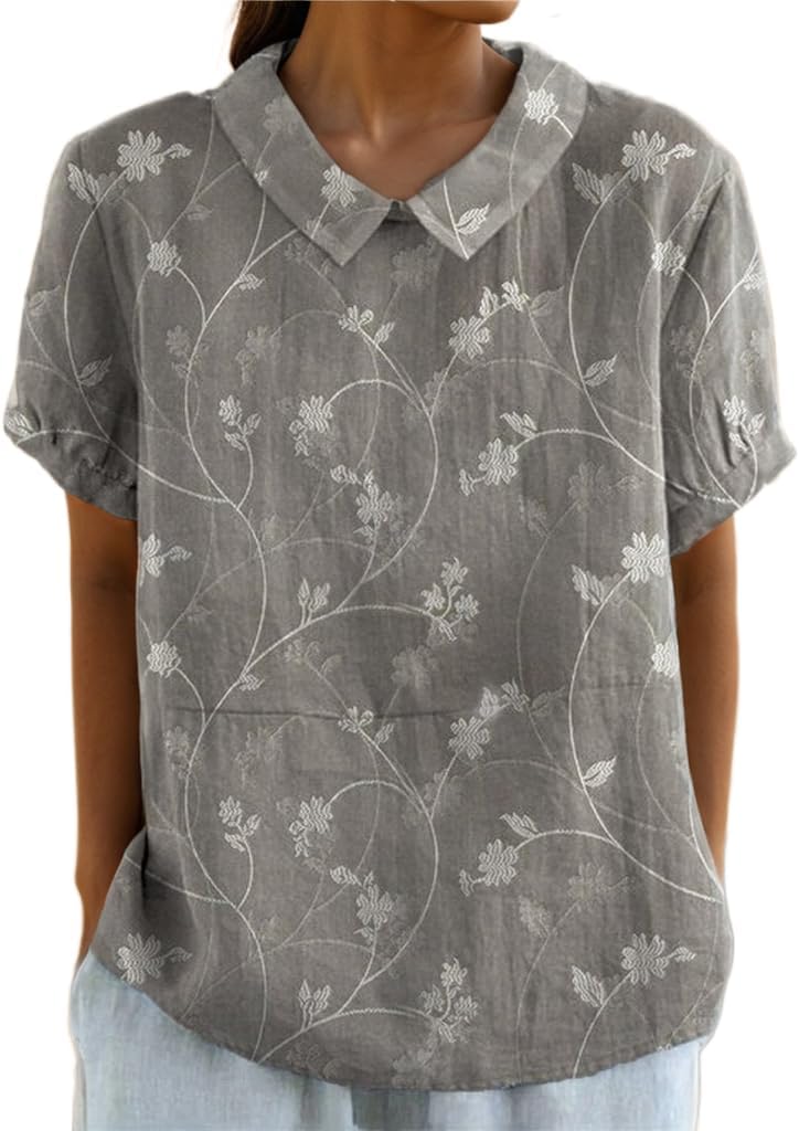 Women's Boho Floral Cotton Linen Short Sleeve Shirt Top Summer Dressy Casual Cute Lapel Loose Comfy Blouses