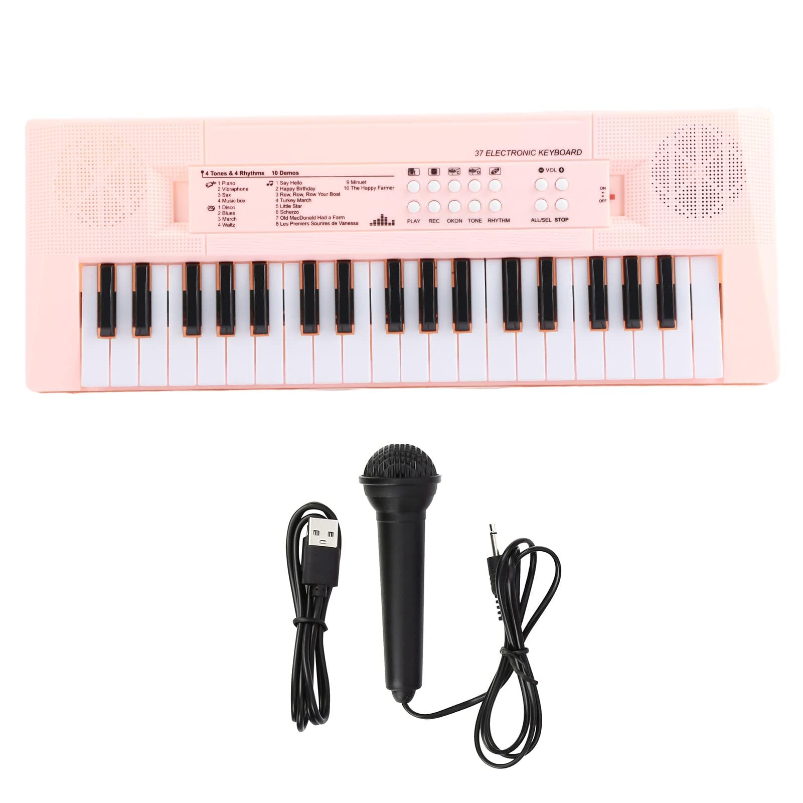 Ejoyous Teclado Piano eléctrico de 37 teclas, teclado musical portátil para principiantes con función de grabación, micrófono incluido, teclas blancas y negras, alimentación de batería USB AA (rosa)