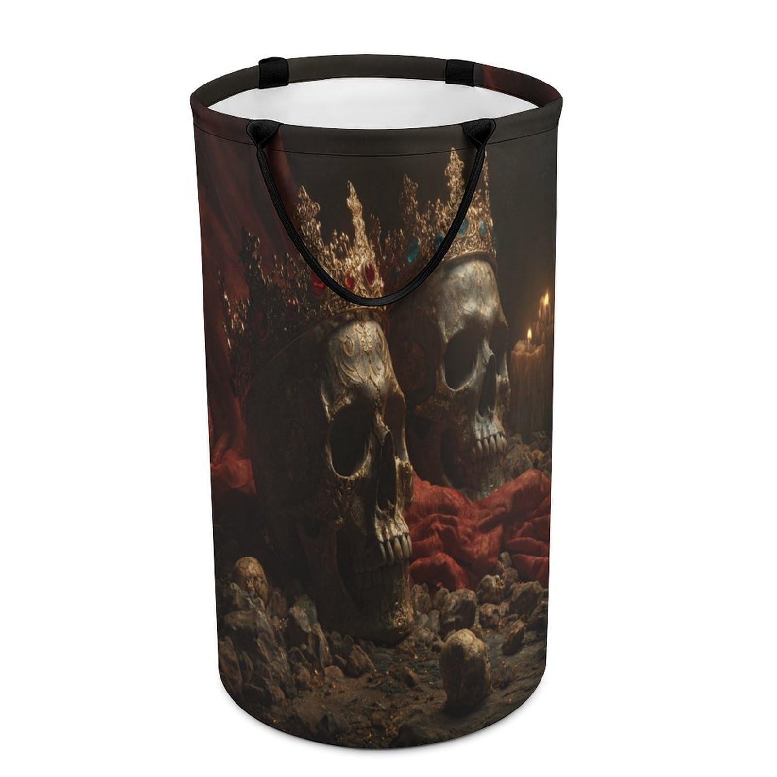 LUYYSKY Beautiful Gothic King Queen Crown Versatile Storage Laundry Basket, Rustic Realistic Skull Skeleton Couple Crystal Crown Large Bathroom Laundry Hamper With Handle-40 CM Dia, 69 CM High