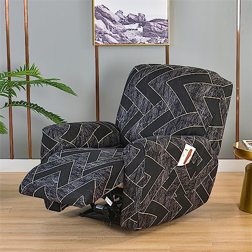 Image of House of Quirk Polyester Recliner Slipcover 4 Pieces Stretch Printed Chair Covers with Side Pocket Sofa Couch Cover Anti-Slip Fitted Recliner Cover Furniture Protector - Black Trellis