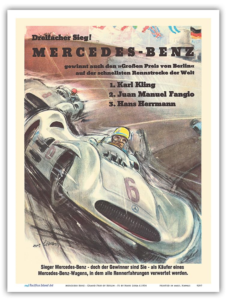 Mercedes Benz - Grand Prix of Berlin - Racing Cars - Vintage Car Racing Poster by Hans Liska c.1954 - Master Art Print (Unframed) 9in x 12in