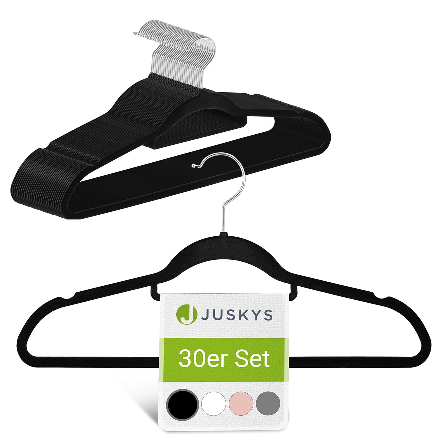 Juskys Kleiderbügel Samt 30er Set - Bügel rutschfest, schmal, platzsparend - Samtbügel beflockt - Haken drehbar - 30 Stück Aufhänger Schwarz