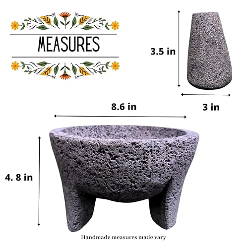 Miniatura 2 de Mortero y mortero Molcajete de 8.6 pulgadas, hecho a mano mexicano con piedra de lava, cuenco de hierbas, molinillo de especias, trituradora de