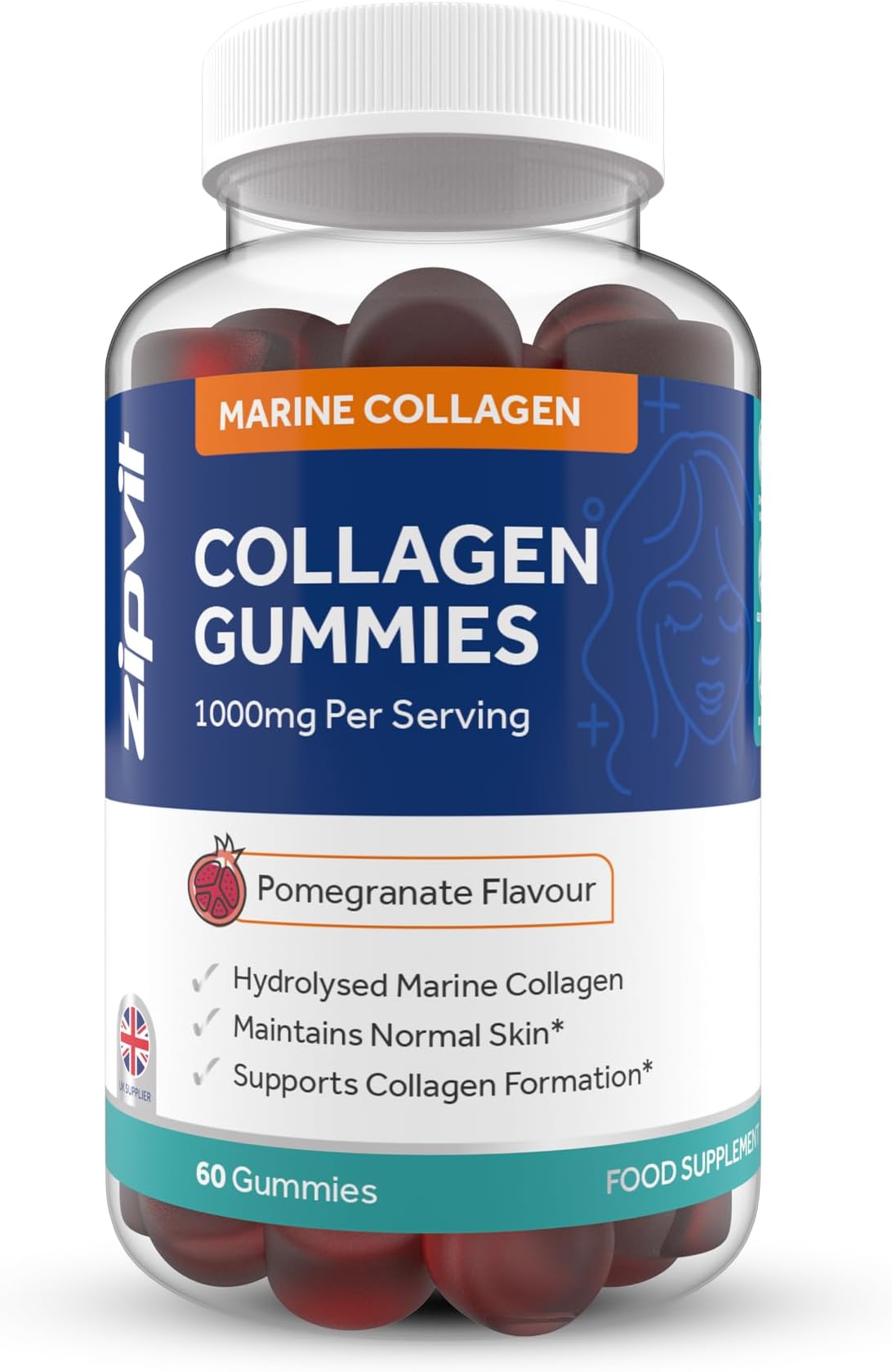 Zipvit Marine Collagen Gummies with Vitamin A & C. Type 1 Hydrolysed Collagen Peptides for Men & Women, Supports Healthy Skin