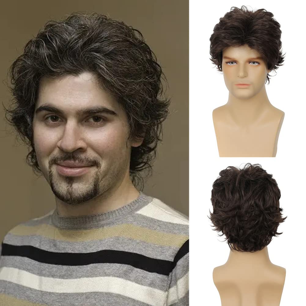 Tseses Brown Curly Wigs for Men Short Layered Cosplay Halloween Synthetic Hair Mens Costume Wig(Light Brown)