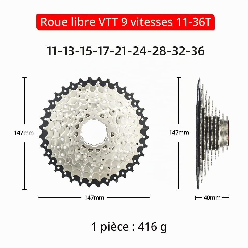 CYSKY Cassette 9 Vitesses 11-25T/11-28T/11-32T/11-36T/11-40T/11-42T Cassette Compatible avec Shimano Sram Sunrace, adaptée pour VTT, vélo de Route (Poids léger)
