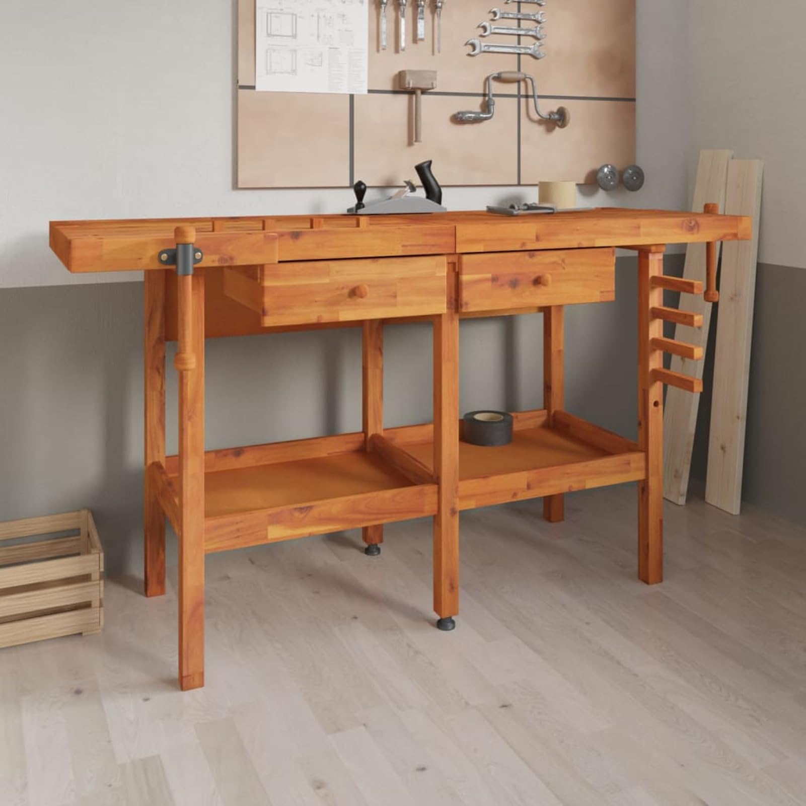Banco de Trabajo de Madera Maciza con Estantes y Cajones - Estable y Espacioso para Herramientas