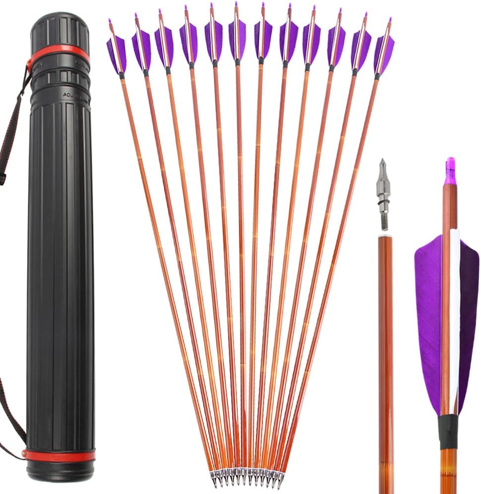 SHARROW 30 Inch Archery Carbon Arrows Bamboo Pattern Shaft 500 Spine Practice Hunting Arrows with Natural Feather Fletching for Archery Hunting Target Shooting 6/12pcs