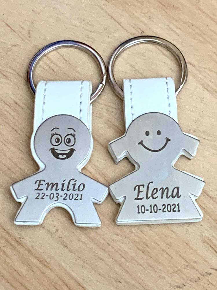 regalo grabado - 25 Llaveros personalizados Silueta de Niño o Niña | Grabados Nombre y Fecha | para Comunión, Bautizo, Cumpleaños | Caja de presentación Negra | Acero, PU | Unidades (25)