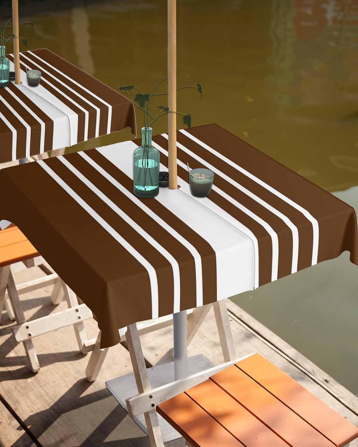 Outdoor Tablecloth with Umbrella Hole and Zipper 60" Square Modern Brown Striped Water Repellant Table Cover Tabletop Collection for Party Patio Picnic
