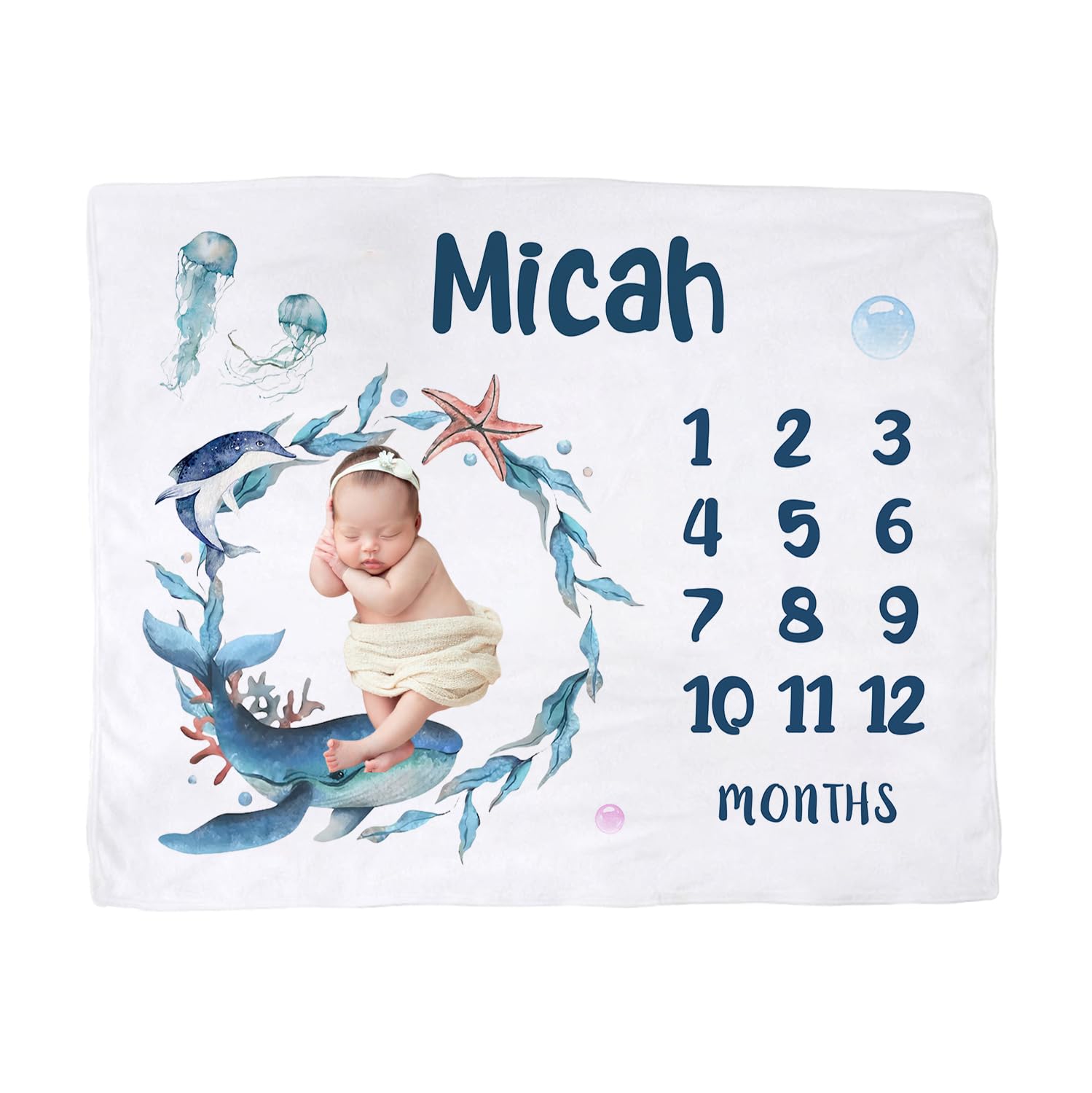 Naseagleeye Personalized Baby Milestone Blanket for Boys - Custom Newborn Ocean Monthly Blanket With Name for