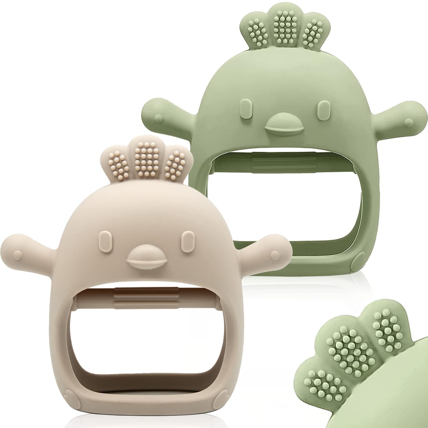 2 Pack Baby Teething Toy Silicone Teething Mitten for Babies Over 3 Months Anti Dropping Wrist Hand Teethers Baby Chew Toys for Sucking Needs, BPA Free (Green & Caramel)-image-21