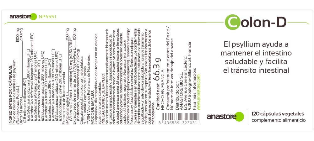 COLON-D ◉ 450 mg / 120 gélules ◉ Bactéries Lactiques, Psyllium, Raisin et Acérola ◉ Digestion