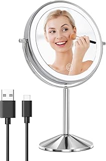 Kirkcaldy Lighted Makeup Mirror, 1X 10X Magnifying LED Vanity Mirror with 3 Color Lights, 8" Rechargeable Double Sided Desk Cosmetic Mirror, 360° Rotation Touch Screen Light up Mirror
