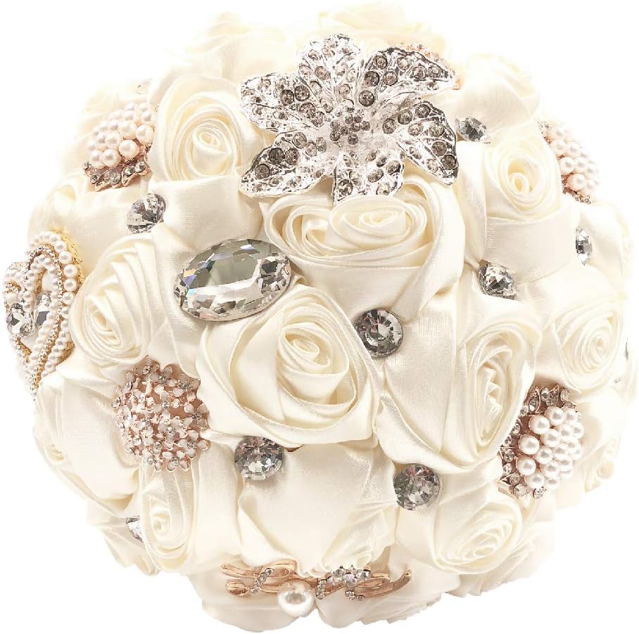 Abbie Home Handmade Bridal/Brooch/Bridesmaids Bouquet Satin Roses with Crystal Diamond Pearl Decor (Ivory)