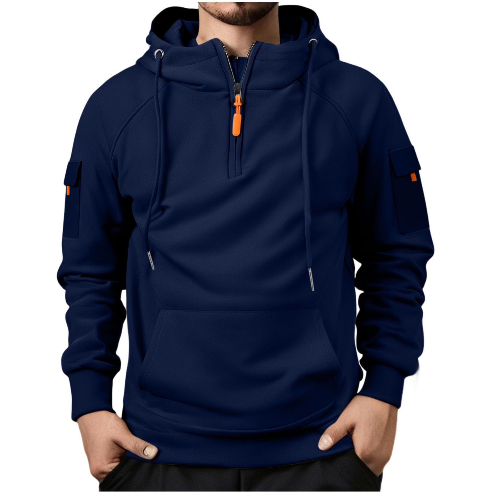 Sweat A Capuche Homme Grande Taille,Pull À Capuche Homme Zippé,Veste Hommes Hiver 2025 Col Roulé,Sweat-Shirt De Travail pour Hommes Plusieurs Poches,Gilet Fermeture Éclair Rétro