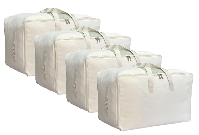 Soft Large Canvas Storage Bags with Zipper and Clear Window Cotton Linen Storage for Pillows Quilt Blankets and