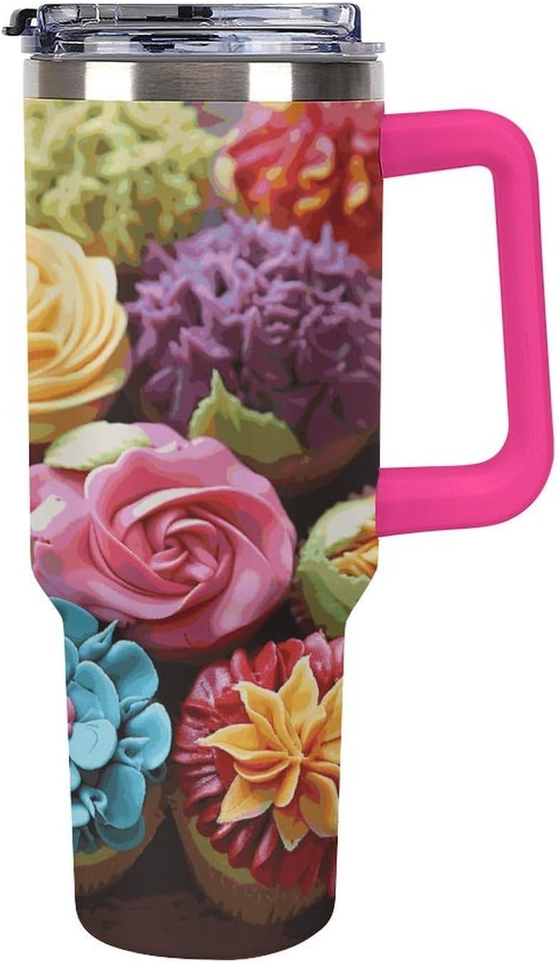 Colorful Cupcakes Rainbow Flower Cake Tumbler 40 Oz with Handle&Lid Large Car Cup Stainless Steel Vacuum Travel Mug Insulated Water Bottle Leak-proof Portable Coffee Cup for Home Car Outdoor