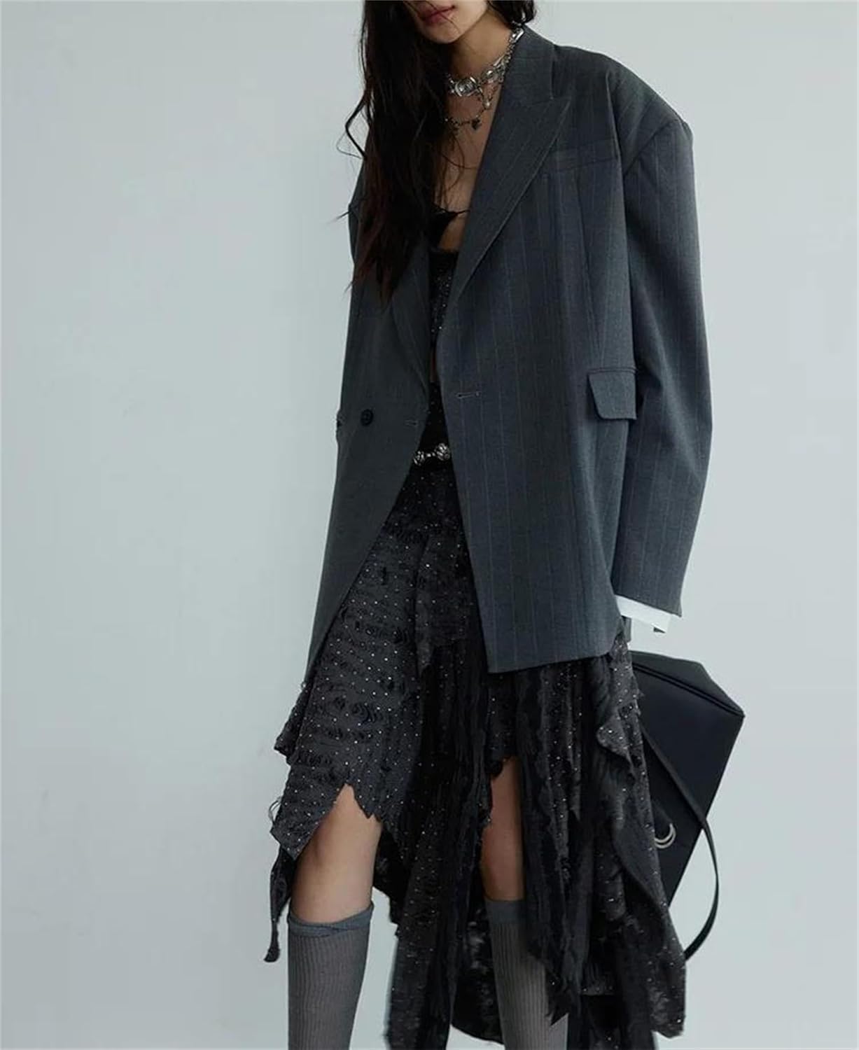 Emma James Womens Blazers Notched Lapel Long Sleeve with A Uniquely Shaped Striped Pattern Loose Fit Single Breasted Formal Suit Jacket size medium