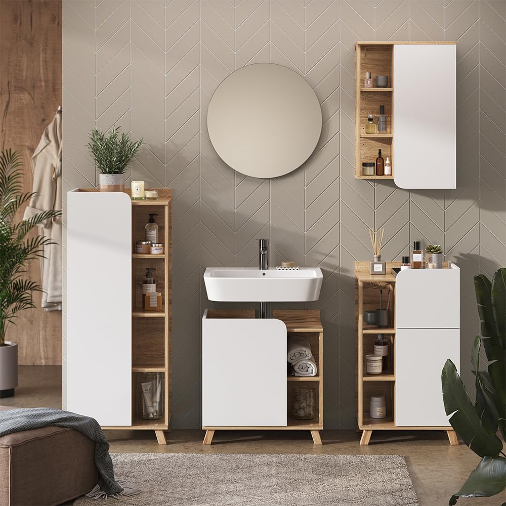 Vicco Armario de baño Karen, Sonoma/Blanco, 50 x 75 cm | con puerta y compartimentos abiertos, para montaje en pared con estantes abiertos y cerrados