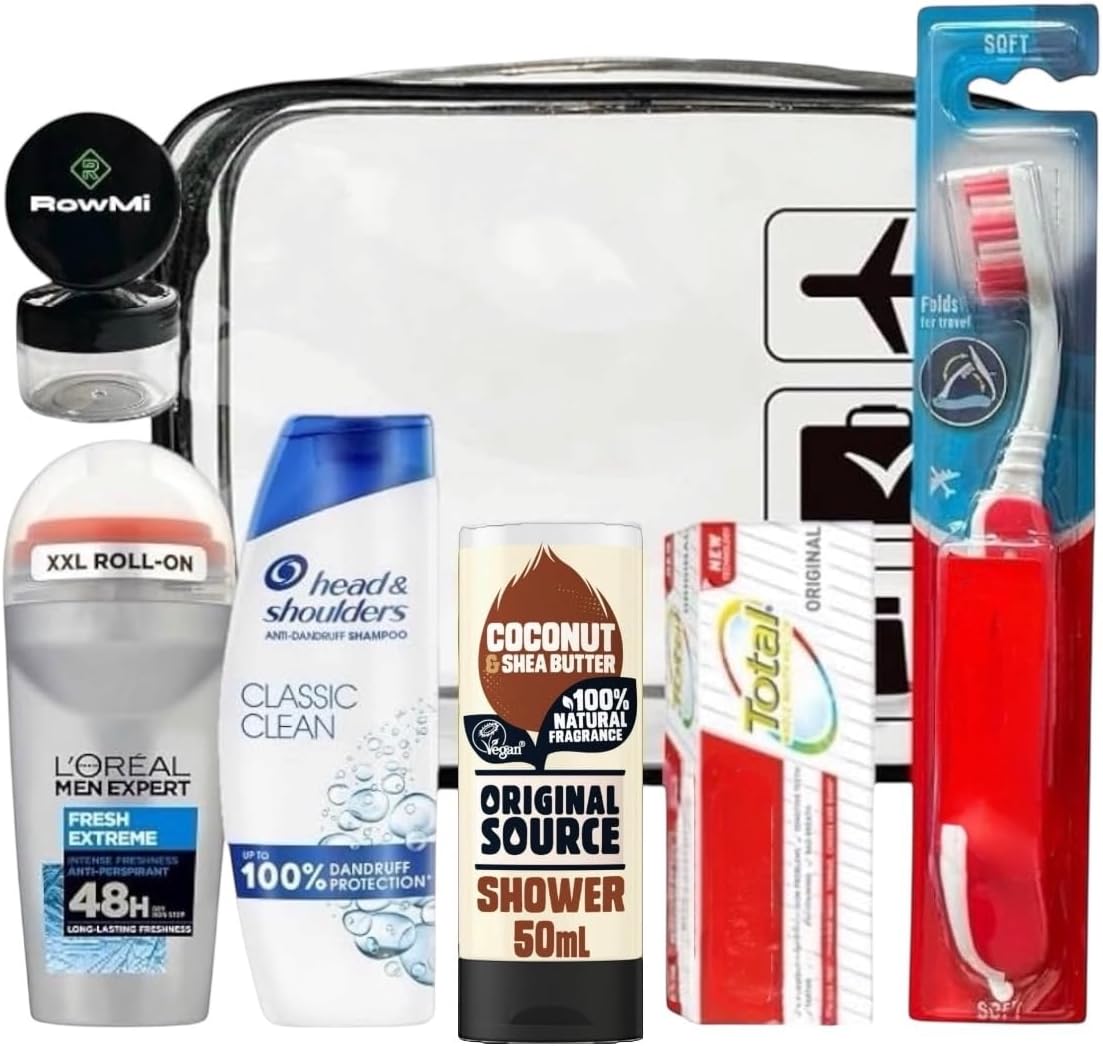 Men's travel toiletries kit, essential toiletry including clear travel bag, shampoo, roll on XXL deodorant, shower gel, toothpaste, portable travel toothbrush with case & 2 small empty pots