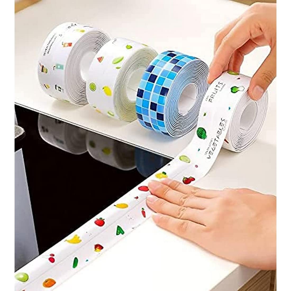 Krishna Zone Oil Proof Caulk Tape Strip PVC Self Adhesive Caulking Sealing Tape for Kitchen Sink Platform Toilet Bathroom Shower and Bathtub, 3.2m*3.8cm (Multi Print -1pcs)