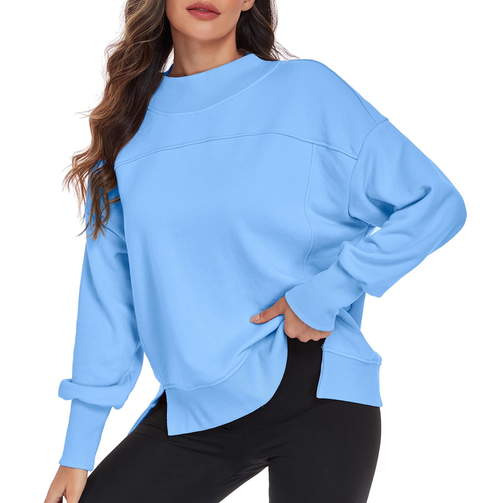 - Womens Long Sleeve Sweatshirt Crewneck Side Slit Soft Lightweight Workout Casual Fall Fashion Basic Pullover Tops