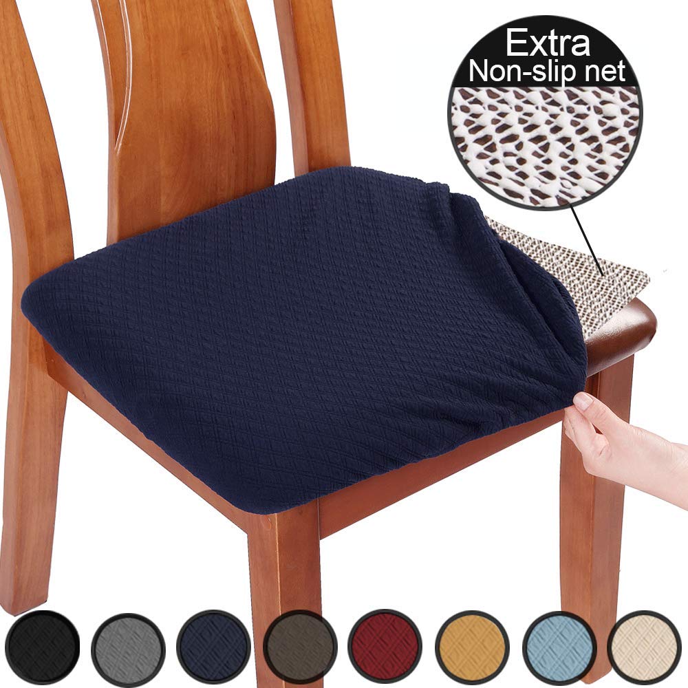 BUYUEDining Room Chair Seat Covers Set of 6, Luxury Jacquard Fabric Stretch Washable Slipcover for Kitchen Seat Cushions, Navy Blue-6PCS