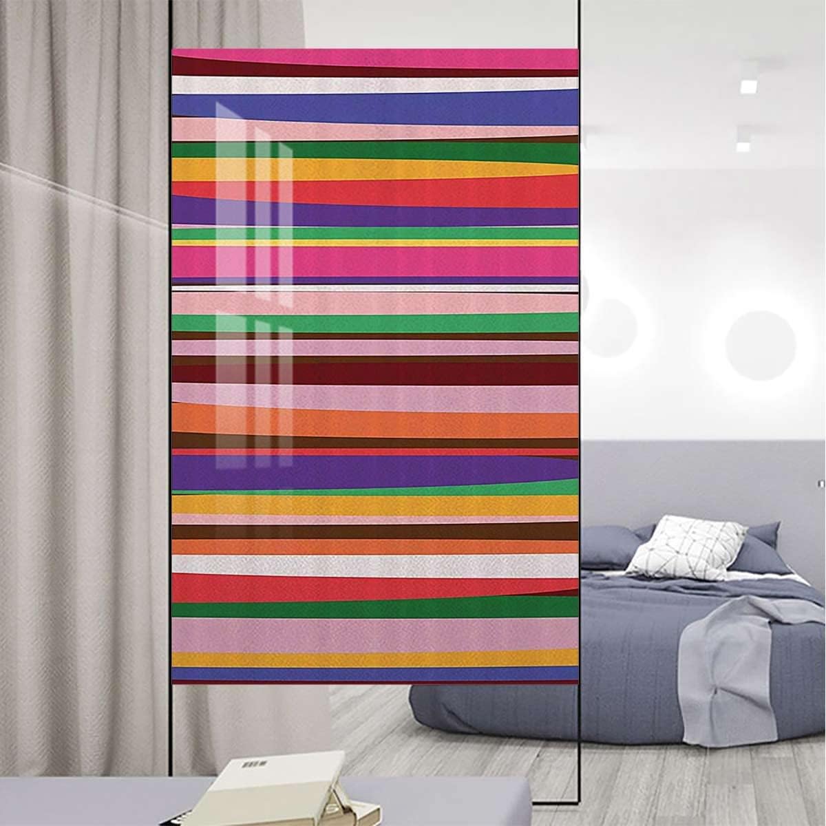 Violet Orange Privacy Door Film Static Cling Glass Film Gradient Artistic Funky Vintage Design Window Film Stained Glass Film Frosted Privacy Striped Decor 23.6Wx47.2L-inch