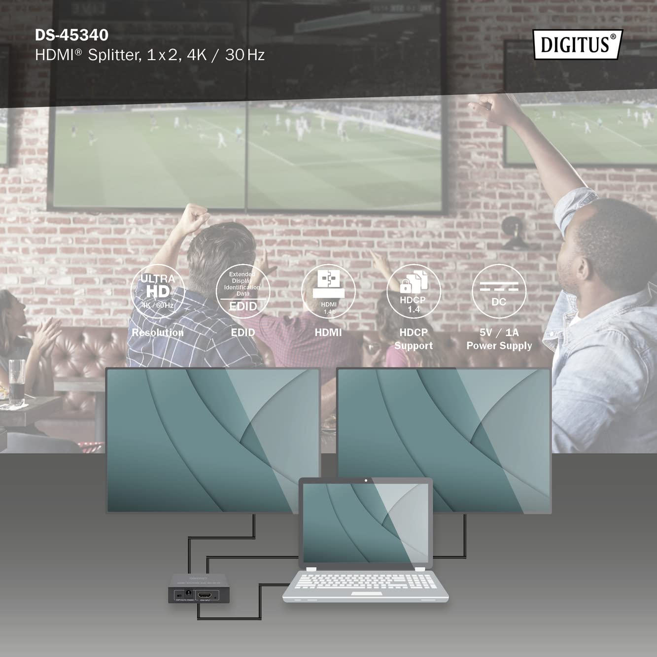 Digitus DS-45340 Splitter HDMI 1x2 - Ingresso: 1 porta/Uscita: 2 porte - UHD 4K/30 Hz - HDCP 1.4 e HDMI 1.4b - Deep Colour, EDID switch, protezione ESD