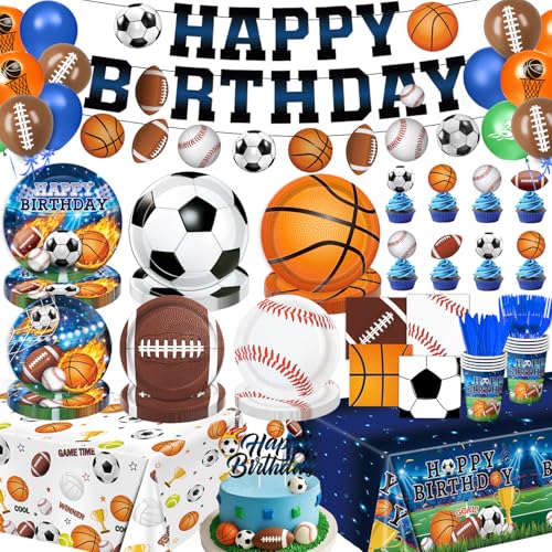 191 PCS Sports Birthday Party Decorations Includes Plates Napkins Cups Knives Forks Banner Cake & Cupcake Toppers Tablecloth for Sports Themed Party Decorations Serves 24