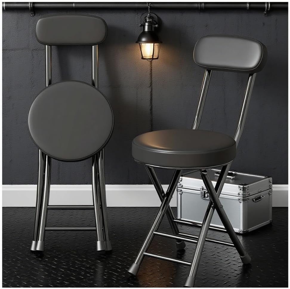 2 Pcs Folding Bar Stools with Backrest, Portable High Leather Padded Chairs for Kitchen Island, Cafe, Dining Room - Adjustable Counter Height, Black