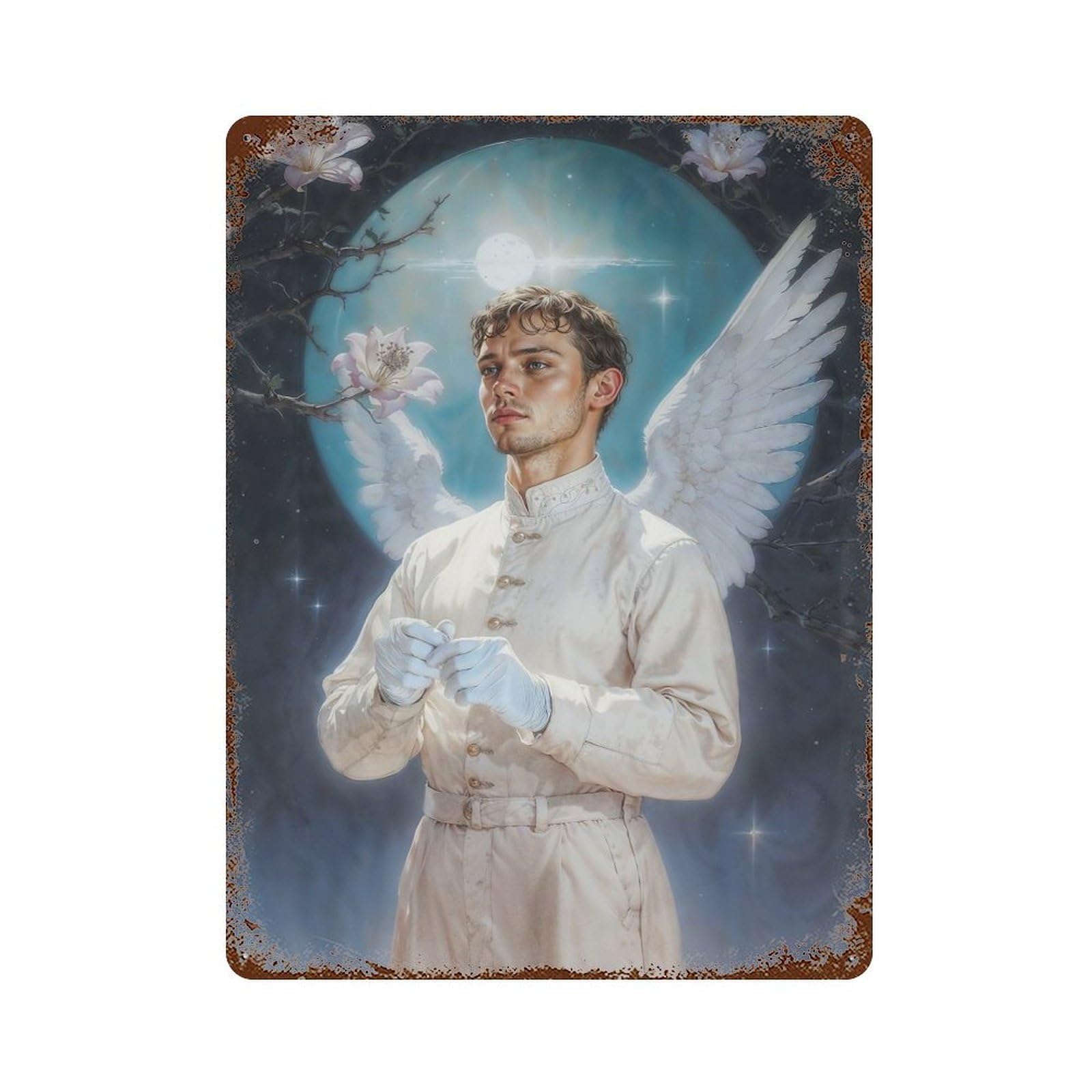 Garage Style Archangel Gabriel in Moonlight Aged Metal Wall Plaque 15.7"x11.8", Farmhouse Wall Decor for Bar And Workshop