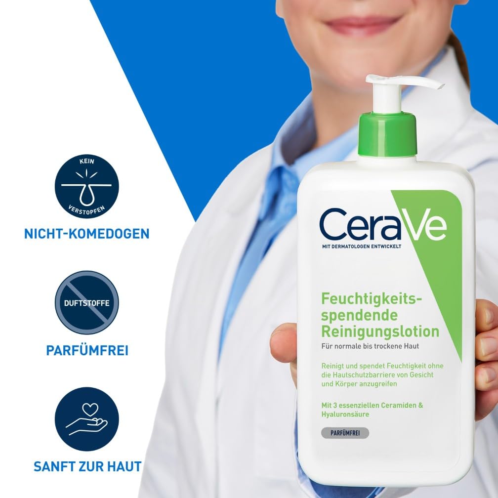 CeraVe Feuchtigkeitsspendende Reinigungslotion für Gesicht und Körper, Normale bis trockene Haut, Mit Hyaluron und 3 essenziellen Ceramiden