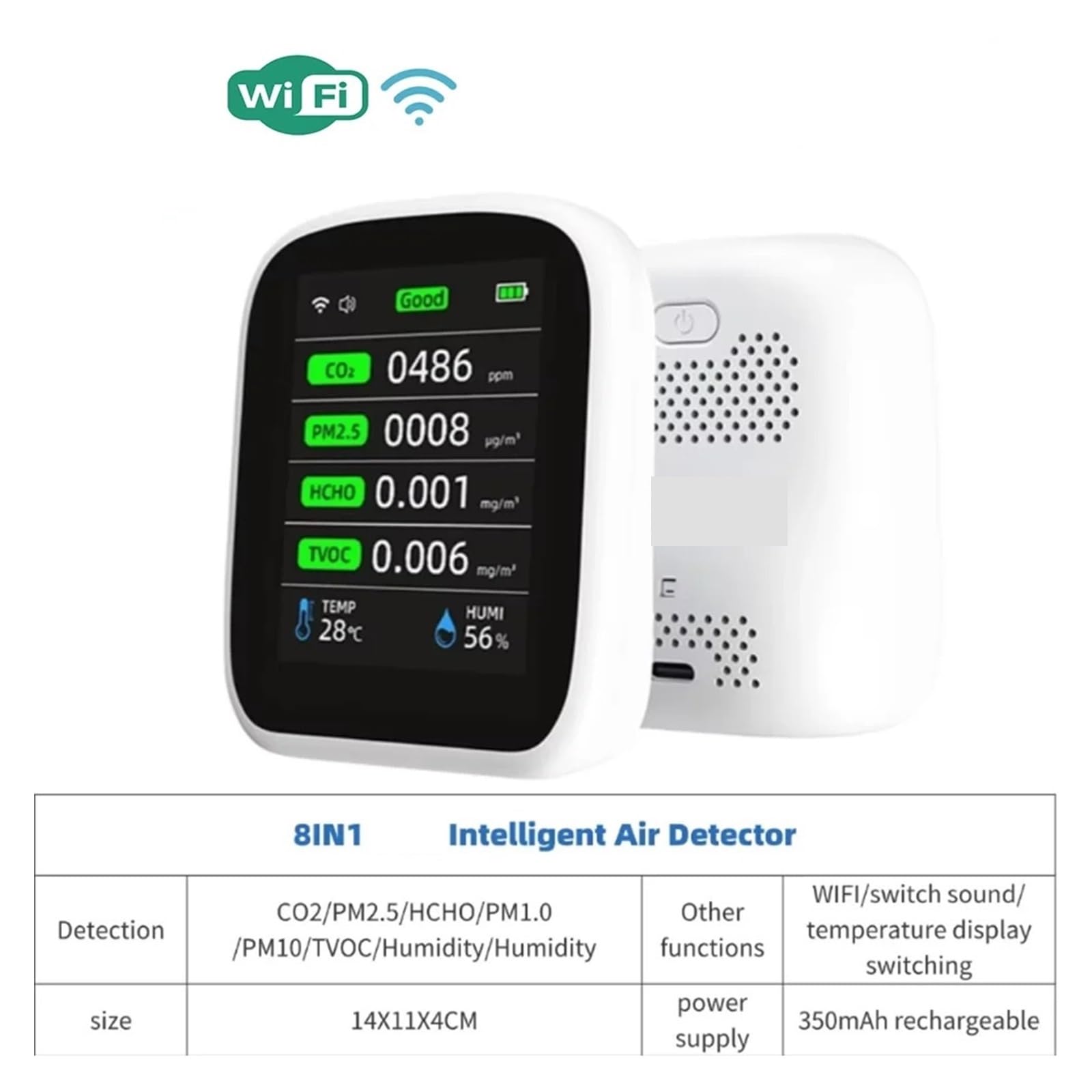 monitor de calidad del aire, CO2 PM1.0 PM2.5 PM10 Monitor De | Con Calidad Del Aire WIFI 8 En 1, Medidor De Temperatura Y Humedad, Detector De Dióxido De para probar cámaras CCTV e IP.