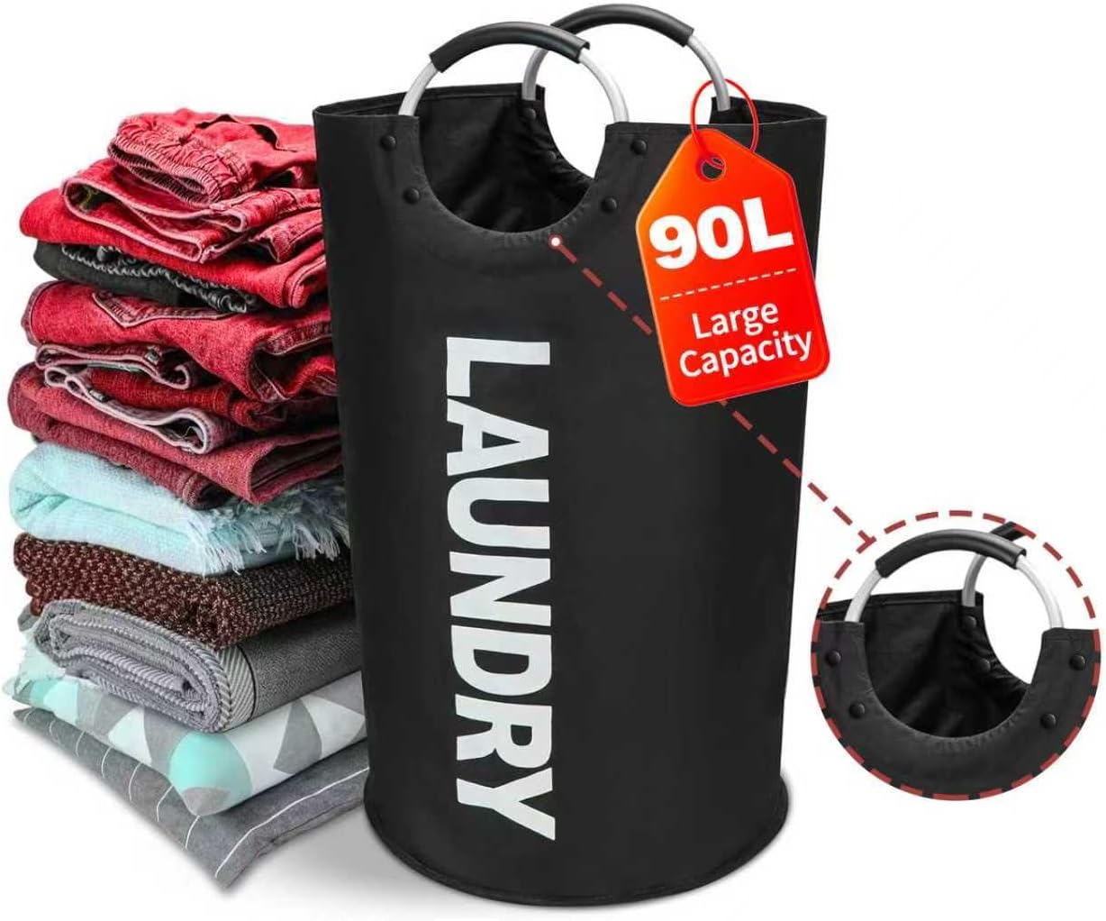 90L Laundry Basket Waterproof 600D Oxford Fabric Modern Collapsible Laundry Hamper for Easy Storage, with Padded Handles, Stands Up Well Heavy‑Duty Laundry Bag for Clothes(1PC)