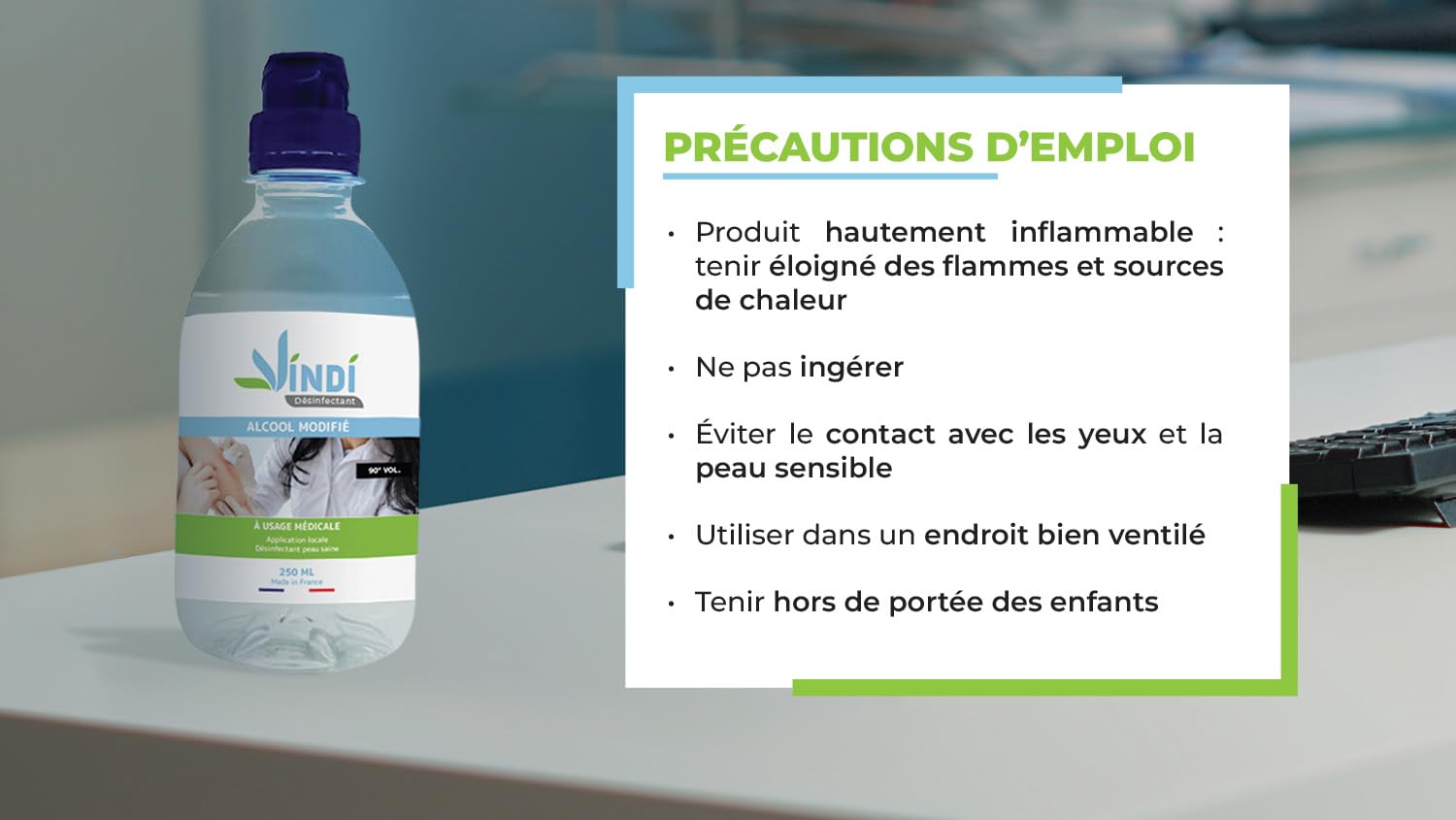 Vindi Désinfectant Alcool modifié 90°- lot de 5 Flacons de 250ml - Fabrication Française - Désinfection peau saine et ustensiles médicaux