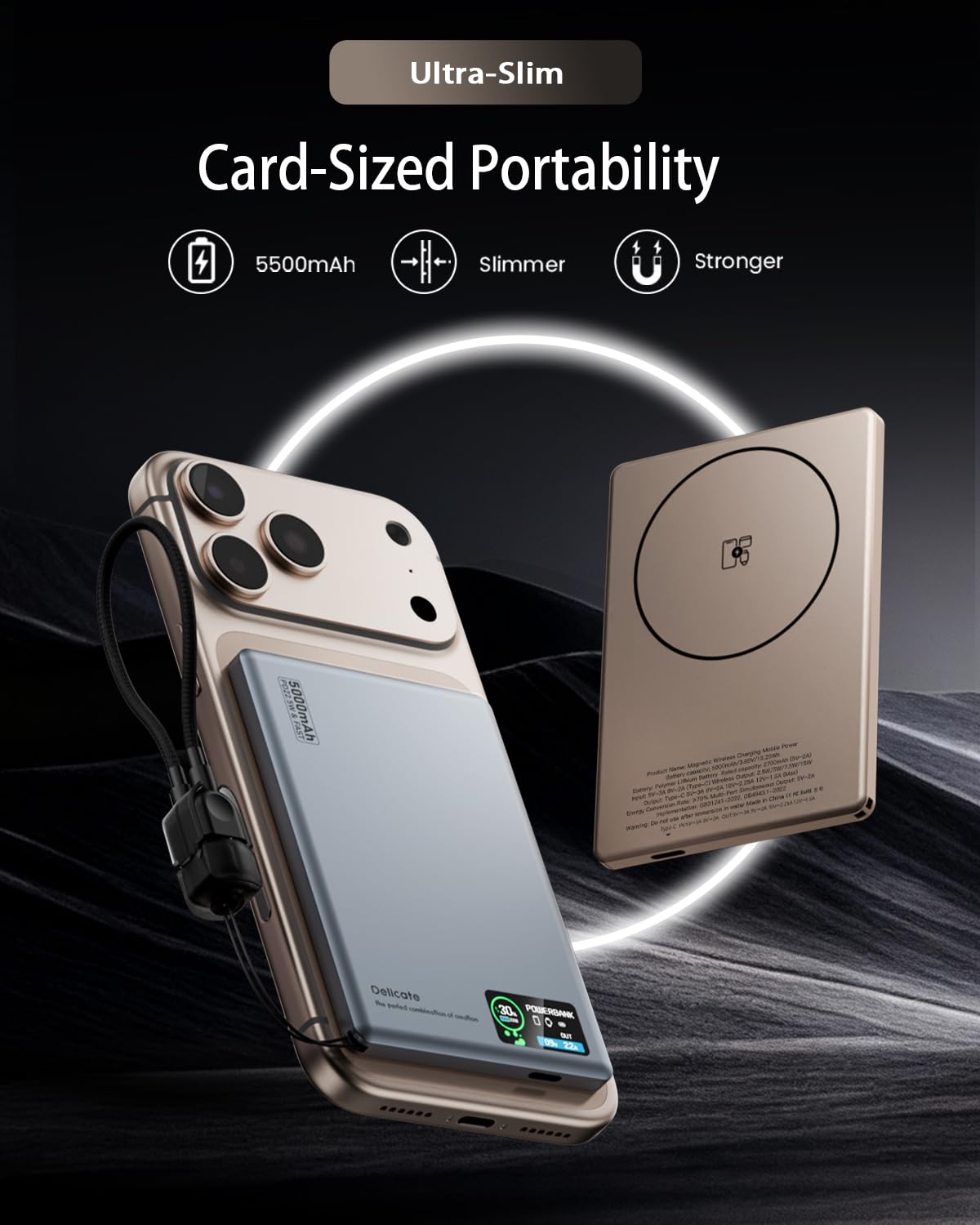 [Paquete de 2] Cargador portátil para iPhone, batería USB C de 5000 mAh, cargador de teléfono esencial de viaje, cable integrado y soporte plegable, carga rápida de 22.5 W para iPhone 16 (gris glaciar